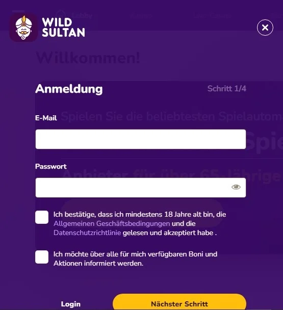 Inscription au Wild Sultan Casino